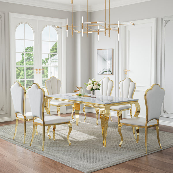 DT022GMW 7-Piece MDF Dining Set + 6 White PU Chairs (Gold)