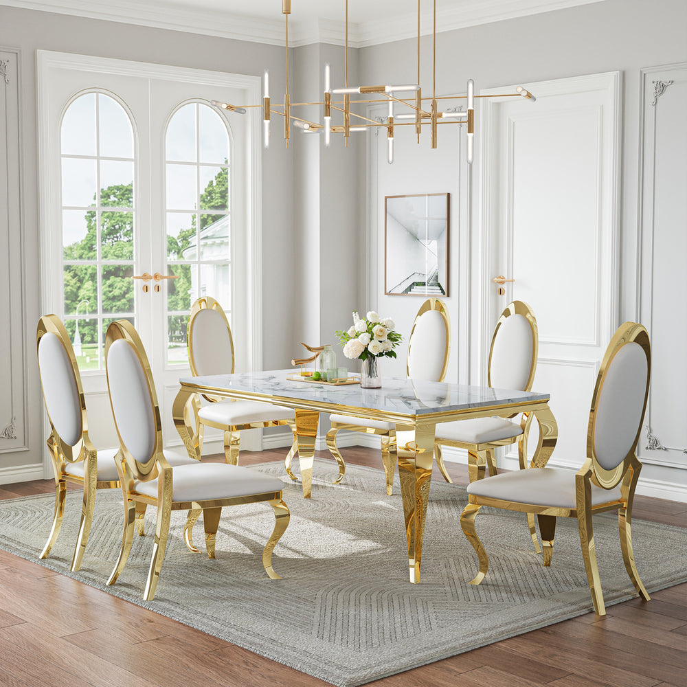 DT022GMW 7-Piece MDF Dining Set + 6 White PU Chairs (Gold)