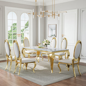 DT022GMW 7-Piece MDF Dining Set + 6 White PU Chairs (Gold)