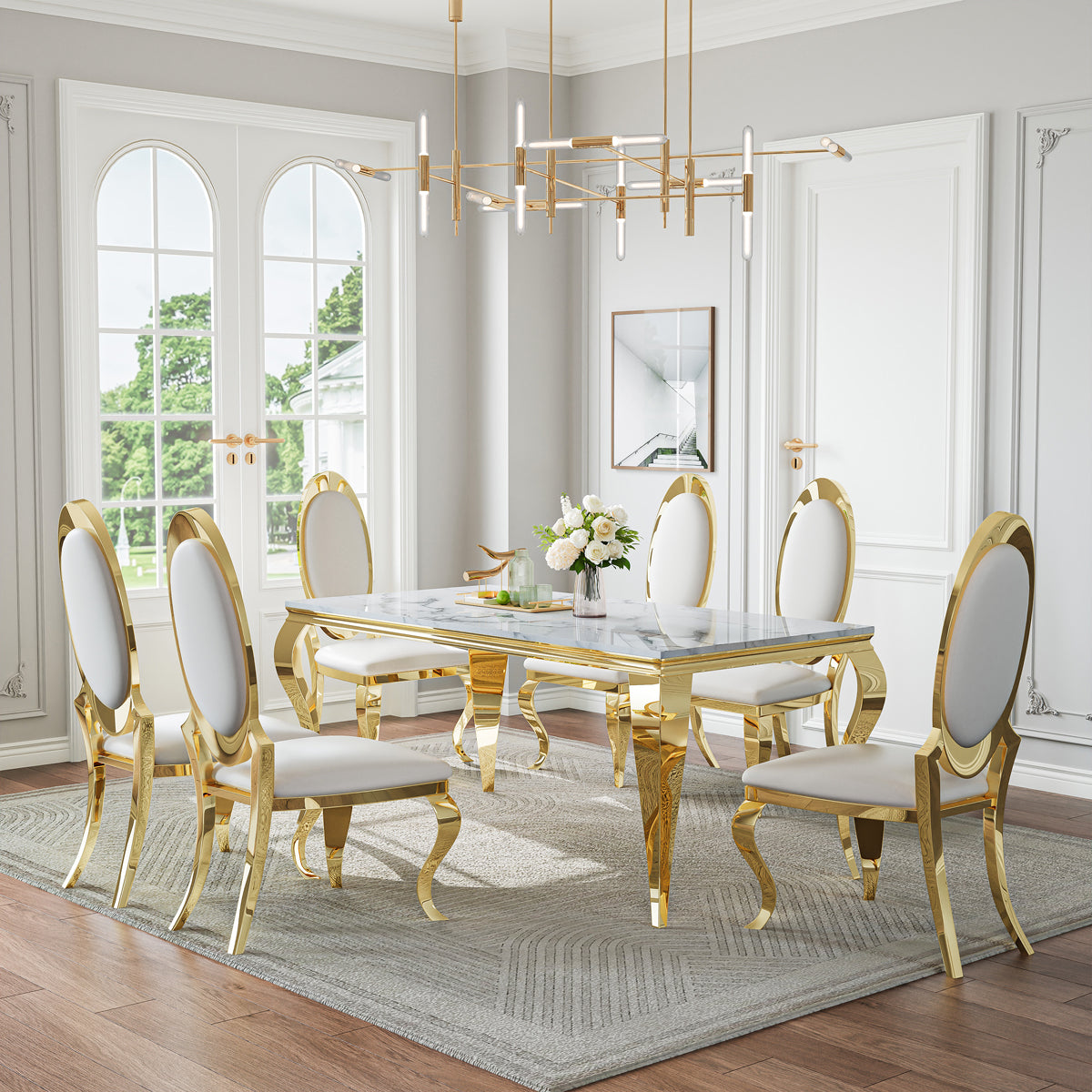 DT022GMW 7-Piece MDF Dining Set + 6 White PU Chairs (Gold)