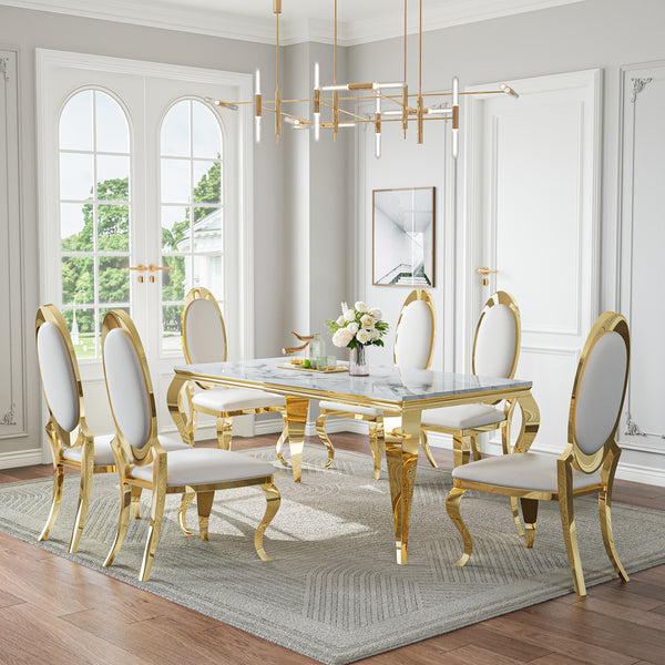 DT022GMW 7-Piece MDF Dining Set + 6 White PU Chairs (Gold)