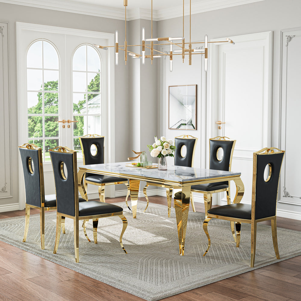 DT022GMW 7-Piece MDF Dining Set + 6 Black Leatherette Chairs (Gold)
