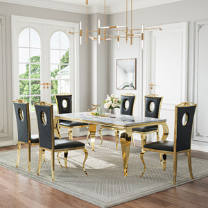 DT022GMW 7-Piece MDF Dining Set + 6 Black Leatherette Chairs (Gold)
