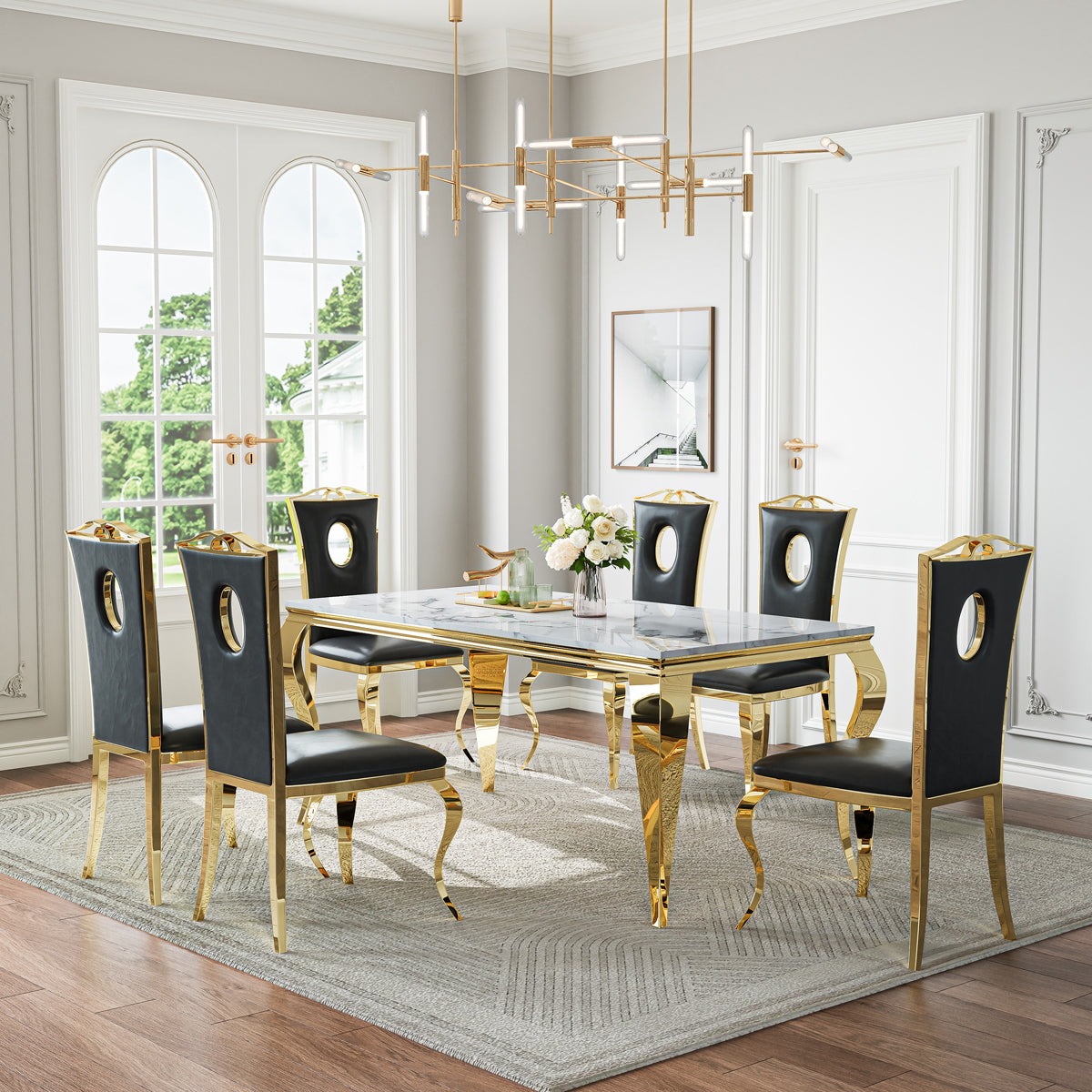 DT022GMW 7-Piece MDF Dining Set + 6 Black Leatherette Chairs (Gold)