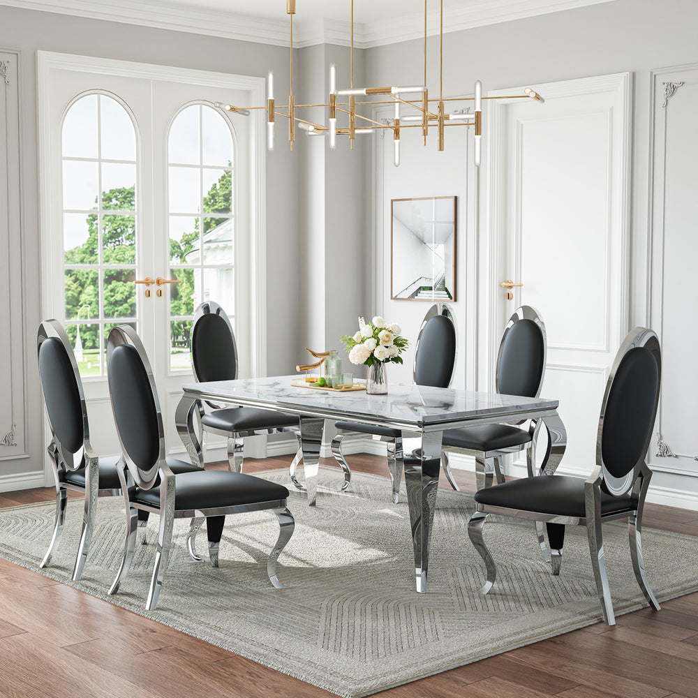 DT022SMW 7-Piece MDF Dining Set + 6 Black PU Chairs (Silver)