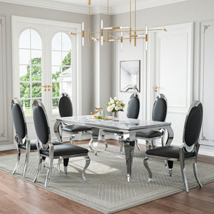 DT022SMW 7-Piece MDF Dining Set + 6 Black PU Chairs (Silver)