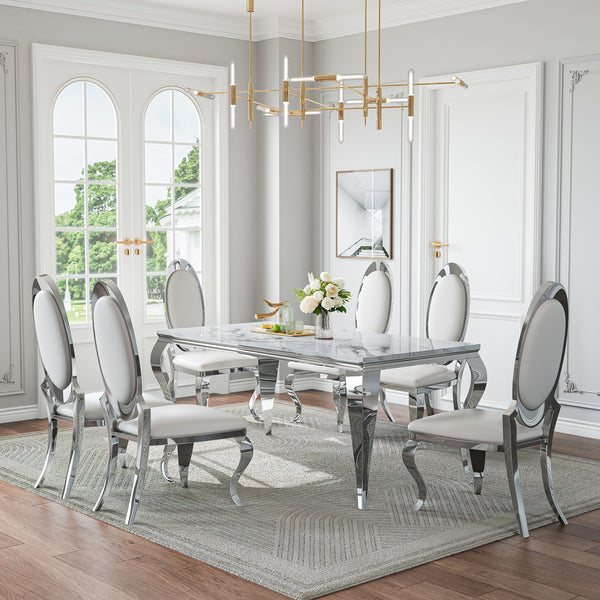 DT022SMW 7-Piece MDF Dining Set + 6 White PU Chairs (Silver)