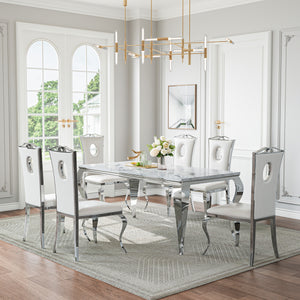 DT022SMW 7-Piece MDF Dining Set + 6 White Leatherette Chairs (Silver)