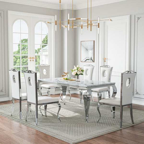 DT022SMW 7-Piece MDF Dining Set + 6 White Leatherette Chairs (Silver)
