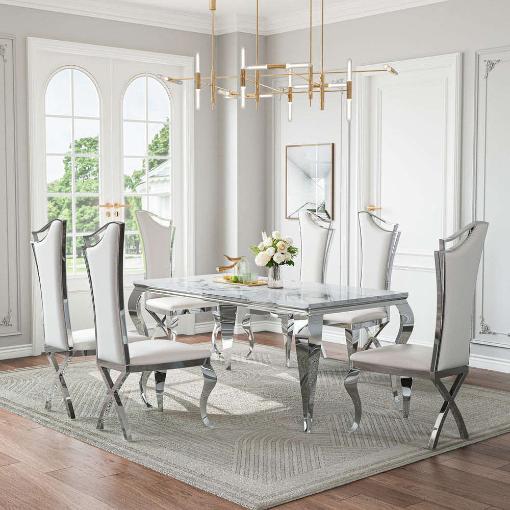 DT022SMW 7-Piece MDF Dining Set + 6 White PU Chairs (Silver)