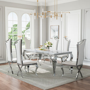 DT022SMW 7-Piece MDF Dining Set + 6 White PU Chairs (Silver)