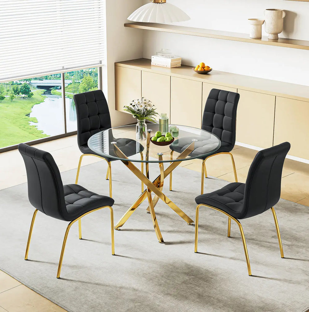 DT666G 5-Piece 36" Glass Dining Set + 4 Black PU Chairs (Gold) ZEMORN