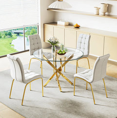 DT666G 5-Piece 36" Glass Dining Set + 4 White PU Chairs (Gold) ZEMORN