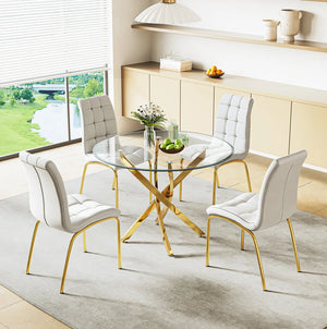 DT666G 5-Piece 36" Glass Dining Set + 4 White PU Chairs (Gold) ZEMORN