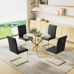 DT666G 5-Piece 36" Glass Dining Set + 4 Black PU Chairs (Gold) ZEMORN