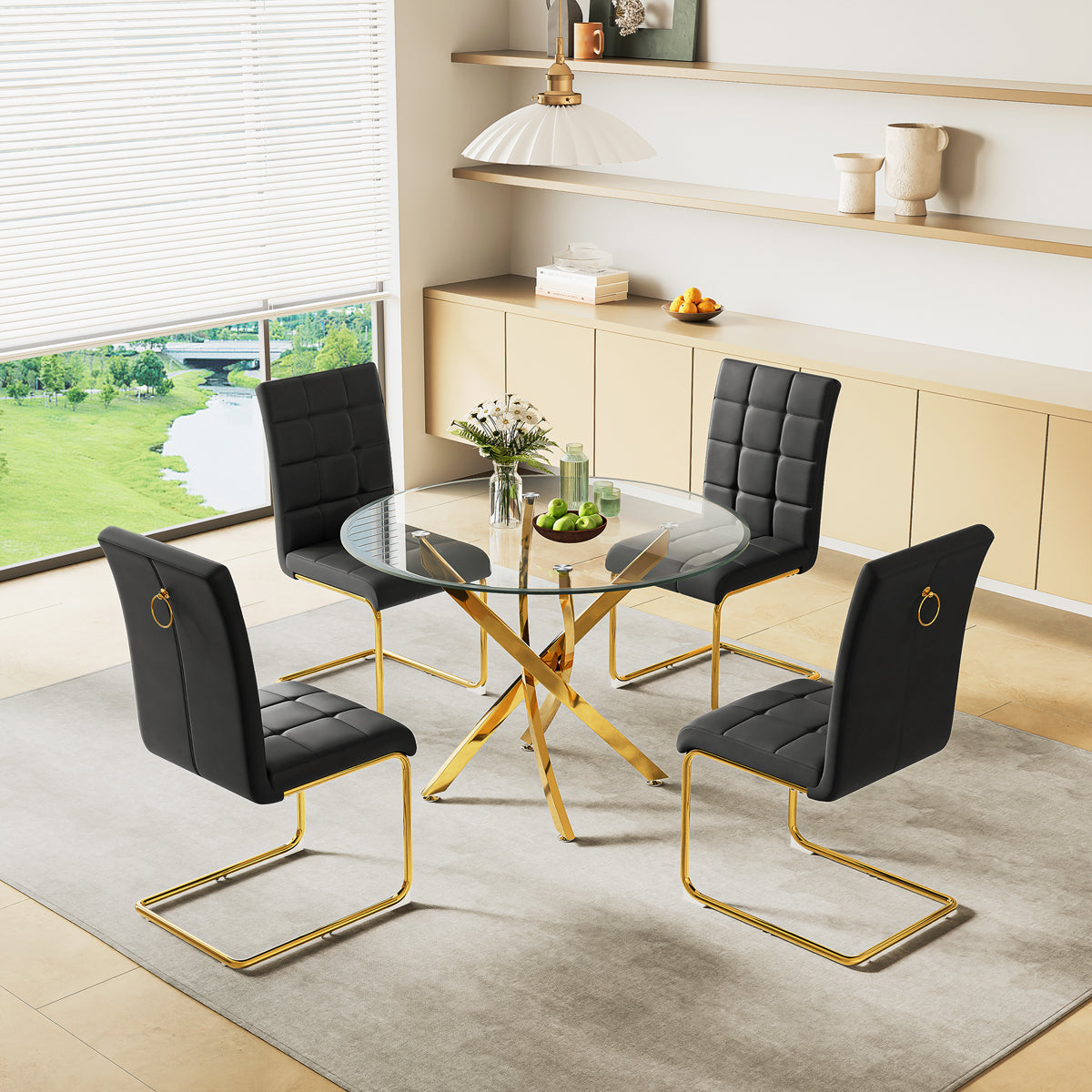 DT666G 5-Piece 36" Glass Dining Set + 4 Black PU Chairs (Gold) ZEMORN