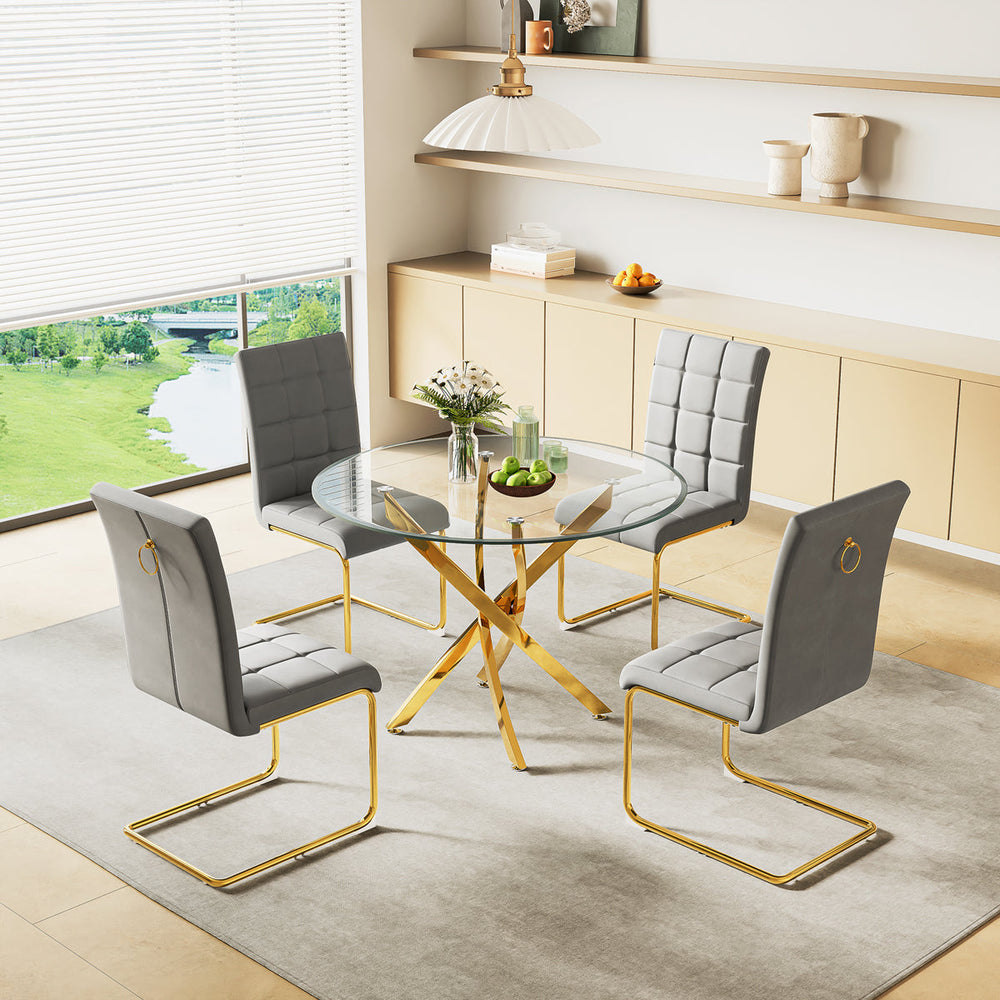 DT666G 5-Piece 36" Glass Dining Set + 4 Grey PU Chairs (Gold) ZEMORN
