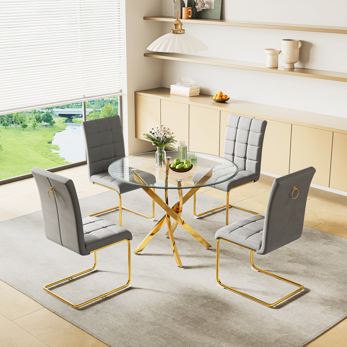 DT666G 5-Piece 36" Glass Dining Set + 4 Grey PU Chairs (Gold) ZEMORN