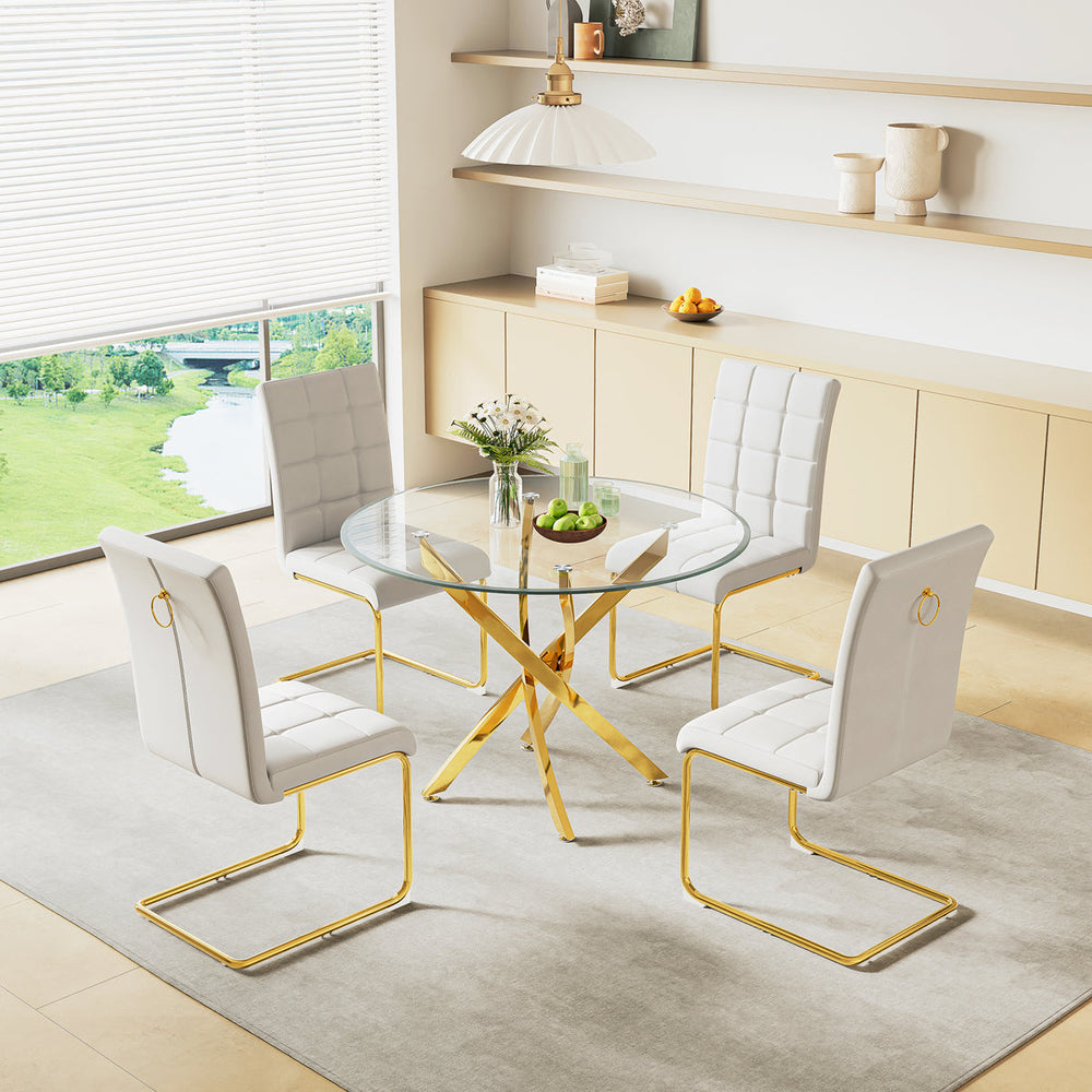 DT666G 5-Piece 36" Glass Dining Set + 4 White PU Chairs (Gold) ZEMORN