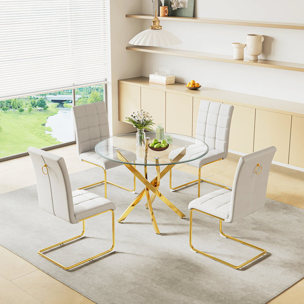 DT666G 5-Piece 36" Glass Dining Set + 4 White PU Chairs (Gold) ZEMORN