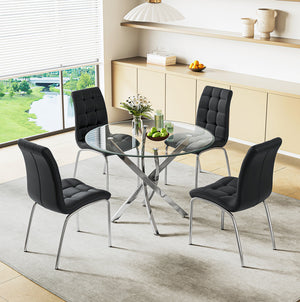 DT666S 5-Piece 36" Glass Dining Set + 4 Black PU Chairs (Silver) Zemorn