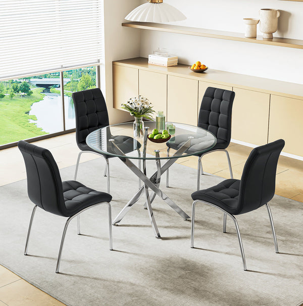 DT666S 5-Piece 36" Glass Dining Set + 4 Black PU Chairs (Silver) Zemorn