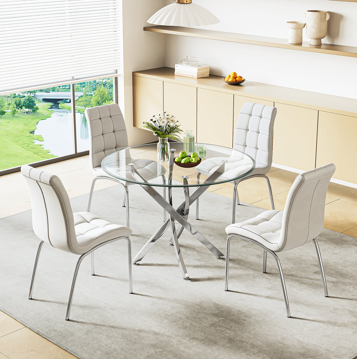 DT666S 5-Piece 36" Glass Dining Set + 4 White PU Chairs (Silver) Zemorn