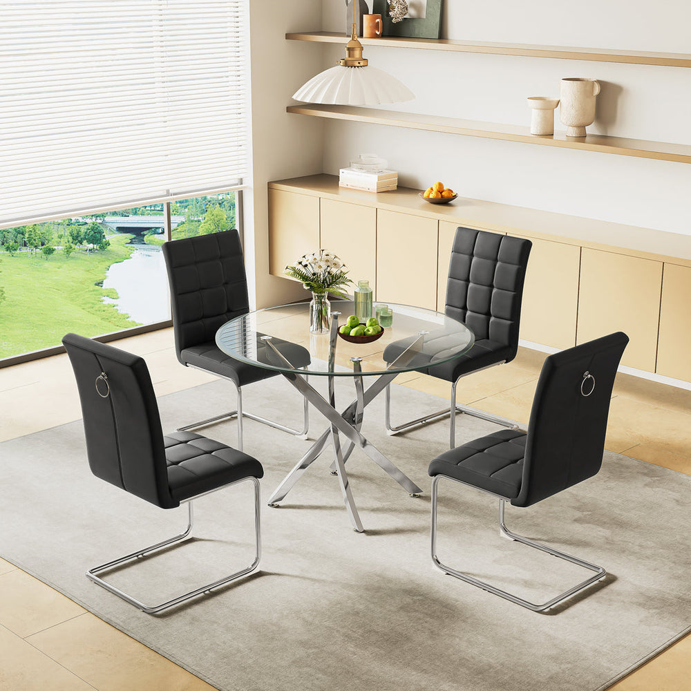 DT666S 5-Piece 36" Glass Dining Set + 4 Black PU Chairs (Silver) Zemorn