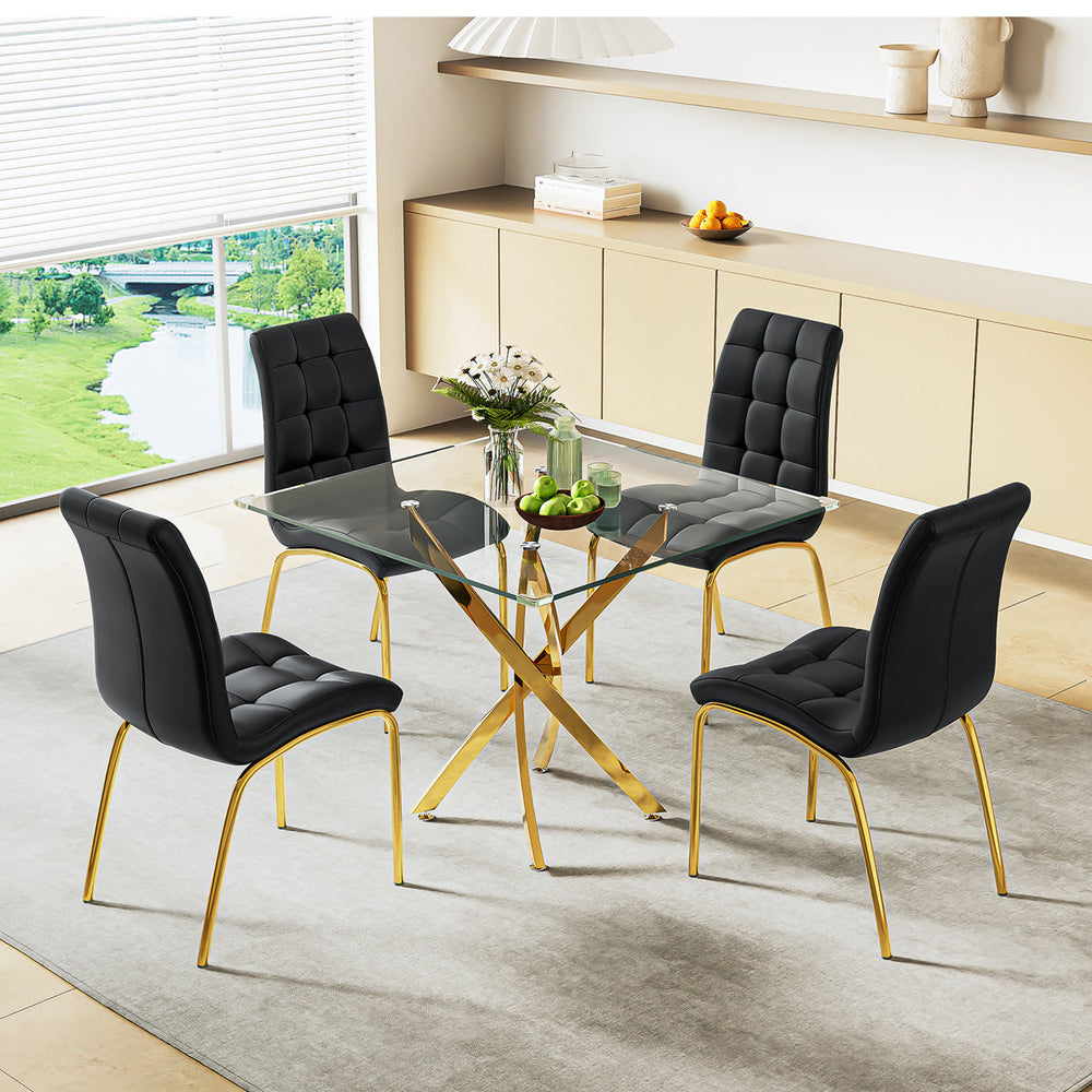 DT668G 5-Piece 42" Glass Dining Set + 4 Black PU Chairs (Gold) ZEMORN