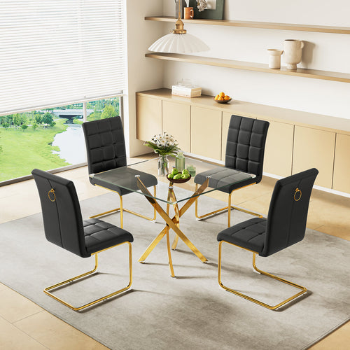 DT668G 5-Piece 42" Glass Dining Set + 4 Grey PU Chairs (Gold) ZEMORN