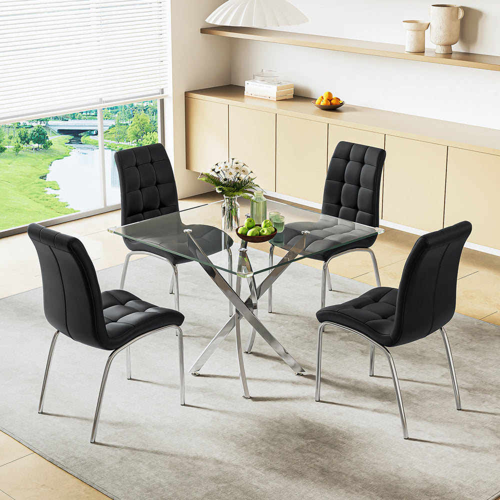 DT668S 5-Piece 42" Glass Dining Set + 4 Black PU Chairs (Silver) ZEMORN