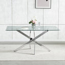 #CLEAR/SILVER Crystal 63 Inch Tempered Glass Dining Table with Angular Star Metal Base, Seats 6 Detail View