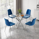 DT668S 5-Piece 42" Glass Dining Set + 4 Blue Velvet Chairs (Silver) ZEMORN