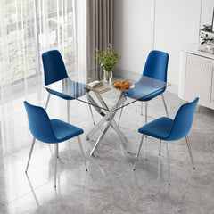 DT668S 5-Piece 42" Glass Dining Set + 4 Blue Velvet Chairs (Silver) ZEMORN