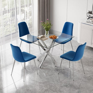 DT668S 5-Piece 42" Glass Dining Set + 4 Blue Velvet Chairs (Silver) ZEMORN