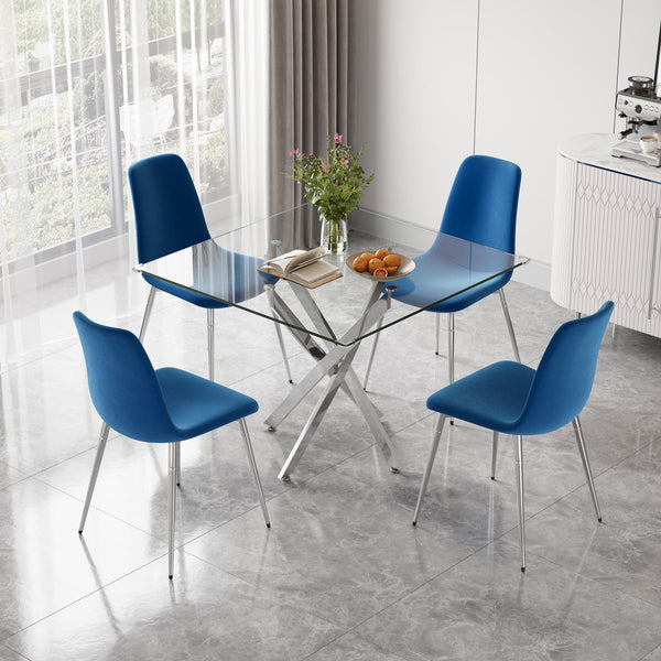 Glam 36 Inch 5 Piece Glass Dining Set Compact Blue Velvet Chairs, Silver Base Detail View