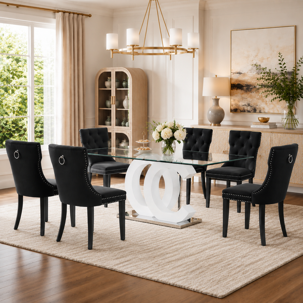 70 Inch Glass Dining Set, 7 Piece, Seats 6 Black Velvet Chairs Silver Base - Zemorn