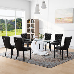RDT396SW Glass Dining Table Set + Black Velvet Chairs (Silver)