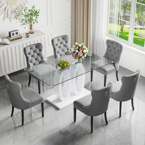 RDT399W Glass Dining Table Set + Grey Velvet Chairs