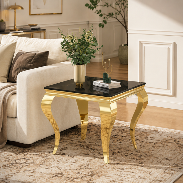 23 Inch Glam Square Black Glass End Table with Curved Metal Base - Zemorn