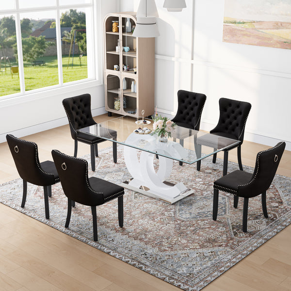 RDT396SW Glass Dining Table Set + Black Velvet Chairs (Silver)