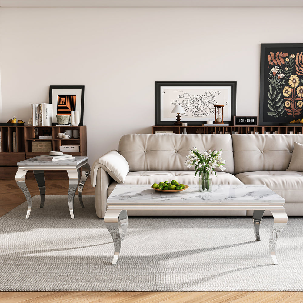 CT022SMW 3-Piece Coffee & End Table Set - White/Silver MDF Metal