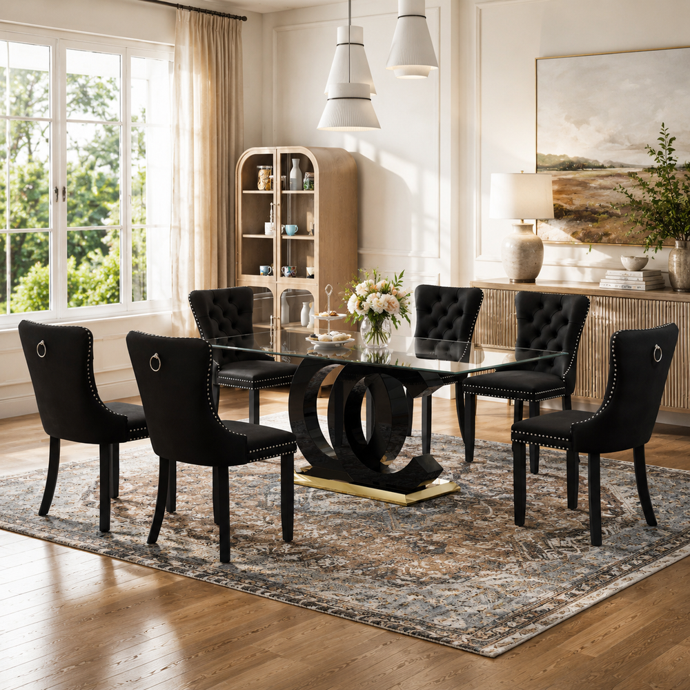 70 Inch Glass Dining Set, 4 or 6 Chairs Black Velvet Chairs Gold Base - Zemorn
