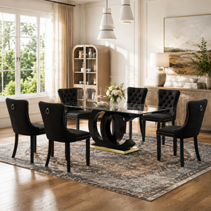 70 Inch Glass Dining Set, 4 or 6 Chairs Black Velvet Chairs Gold Base - Zemorn