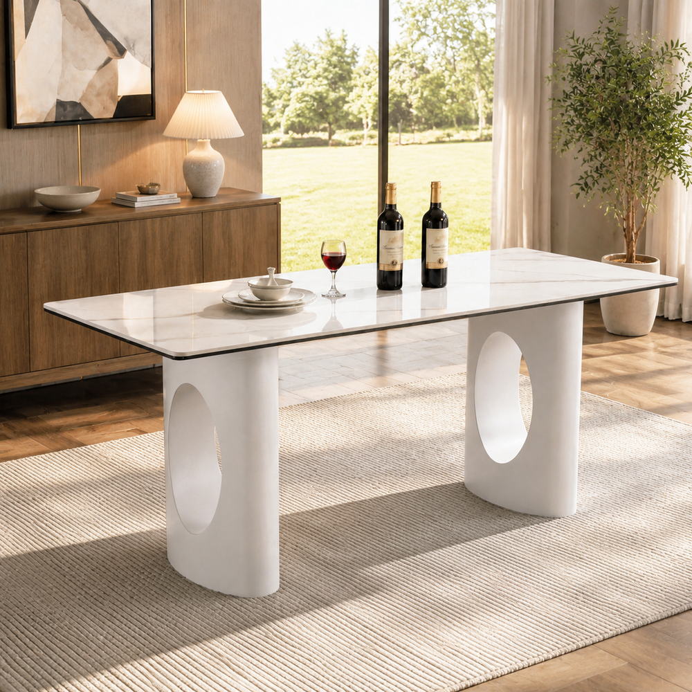 Luna 63 Inch Sintered Stone or Glass Dining Table with Sculptural Metal Base, Seats 6 - Zemorn