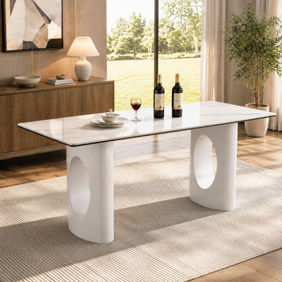 Luna 63 Inch Sintered Stone or Glass Dining Table with Sculptural Metal Base, Seats 6 - Zemorn