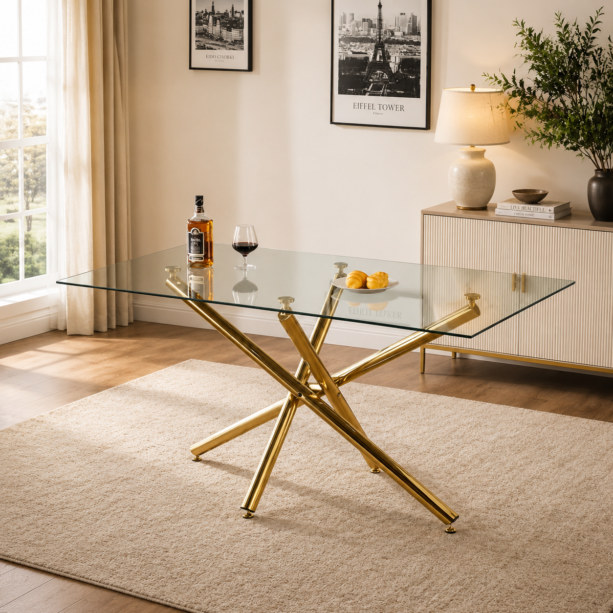 63" Modern Rectangular Glass Dining Table – Tempered Glass, Metal Base