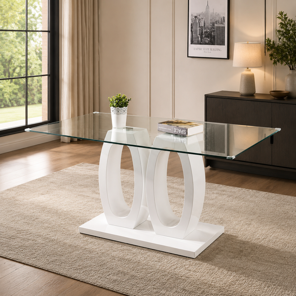 63" Modern Rectangular Glass Dining Table, Seats 6 – Tempered Glass, Gold Metal Base