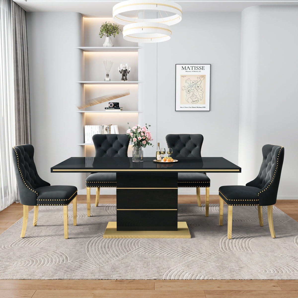 DT0215GB 5-Piece MDF Dining Set + 4 Black Velvet Chairs (Gold)