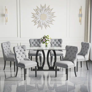 RDT399B Glass Dining Table Set + Grey Velvet Chairs